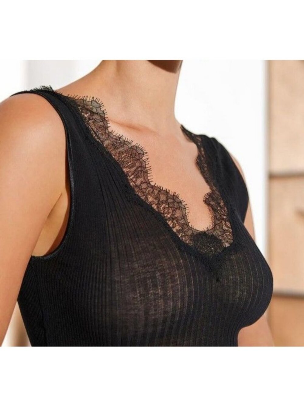 Zimmerli - Richelieu Top, iconic rib with eyelash lace - Black Size Small NWT!!